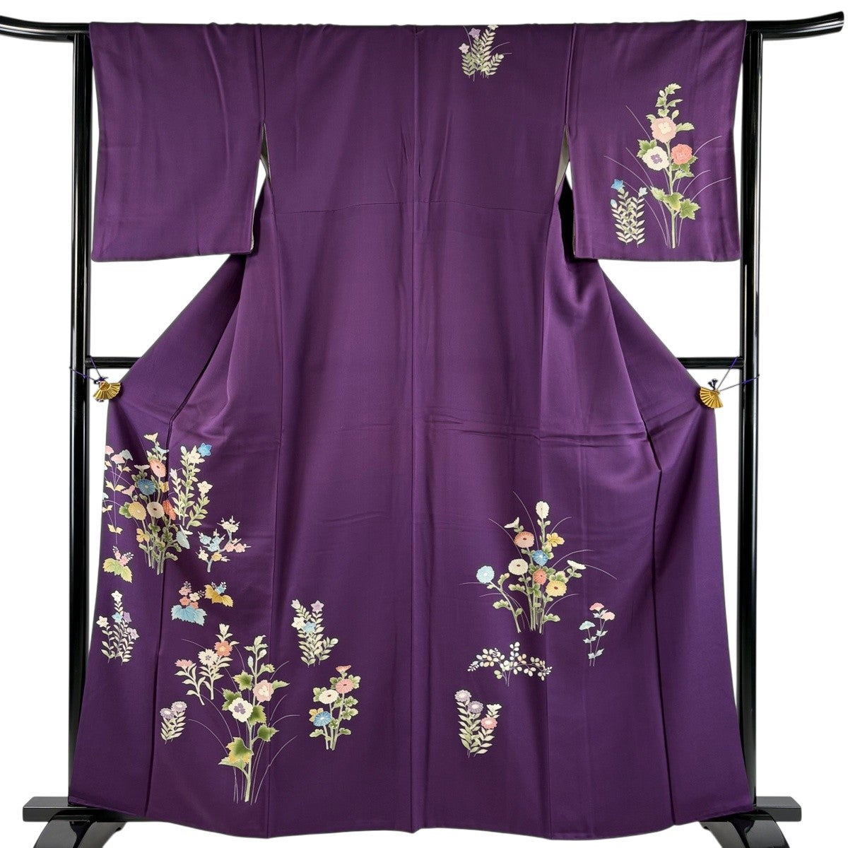 付下げ 身丈161cm 裄丈64.5cm M 袷 ますいわ屋 菊 草花 紫 正絹 秀品