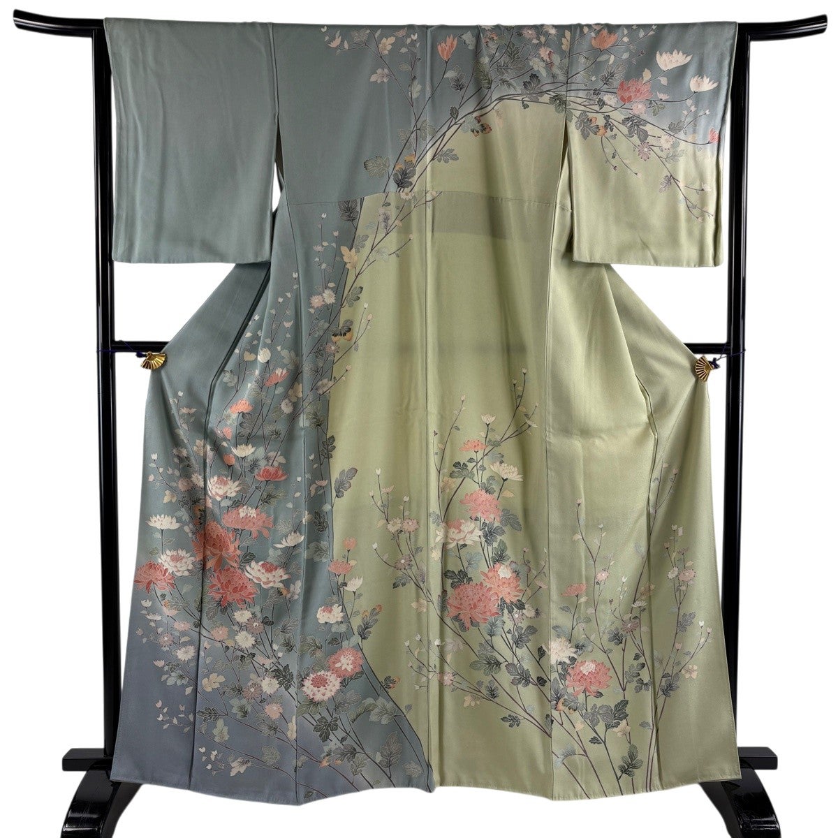 訪問着 身丈163cm 裄丈65.5cm M 袷 落款あり 菊 ぼかし 灰緑 正絹 秀品