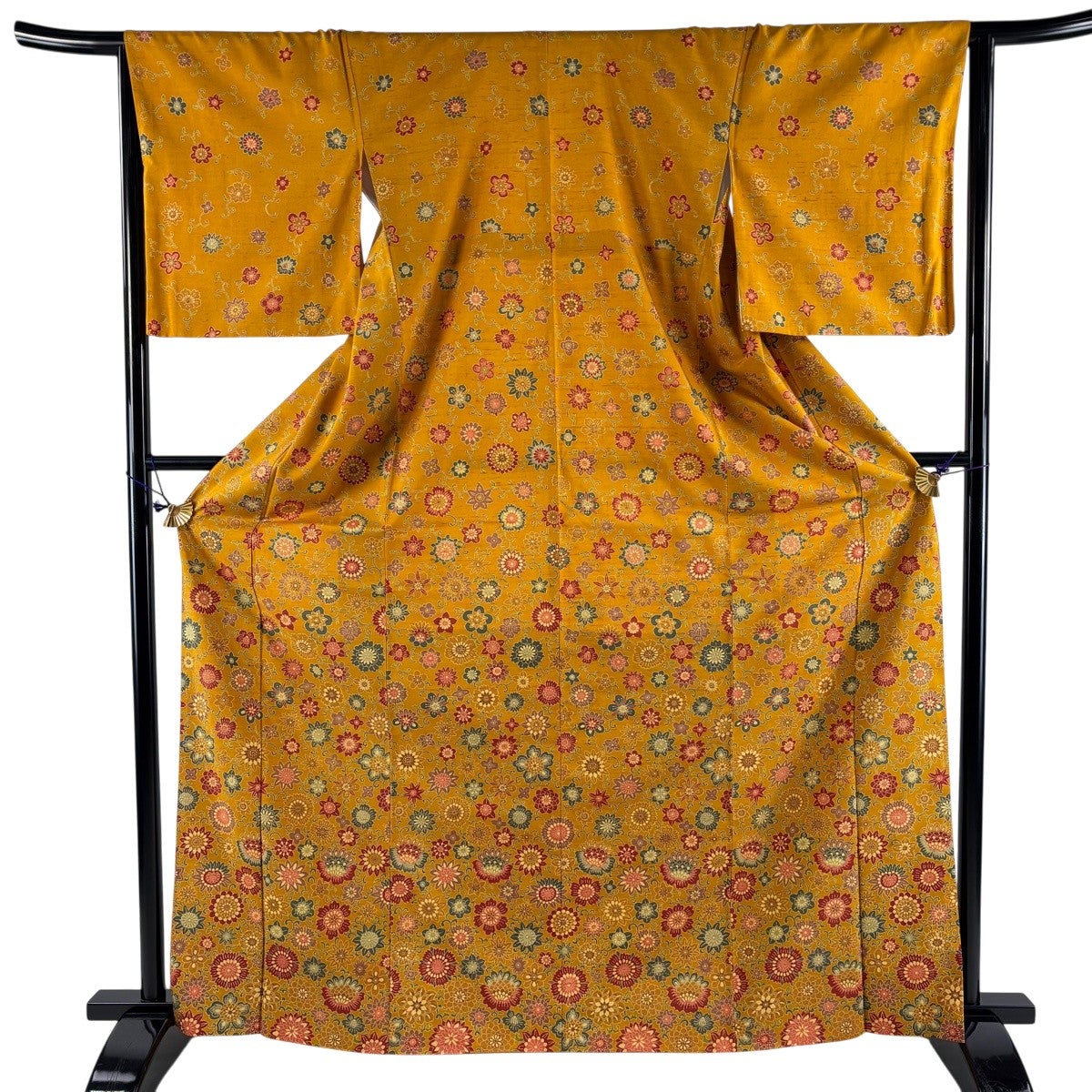 美品】 付下げ 身丈166cm 裄丈65.5cm M 袷 紬地 花唐草 山吹茶色 正絹