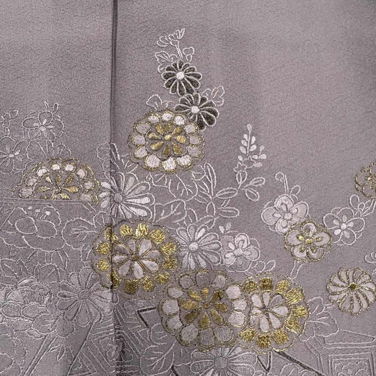 訪問着 身丈155cm 裄丈64.5cm M 袷 菊 松竹梅 金銀糸 刺繍 灰紫 正絹