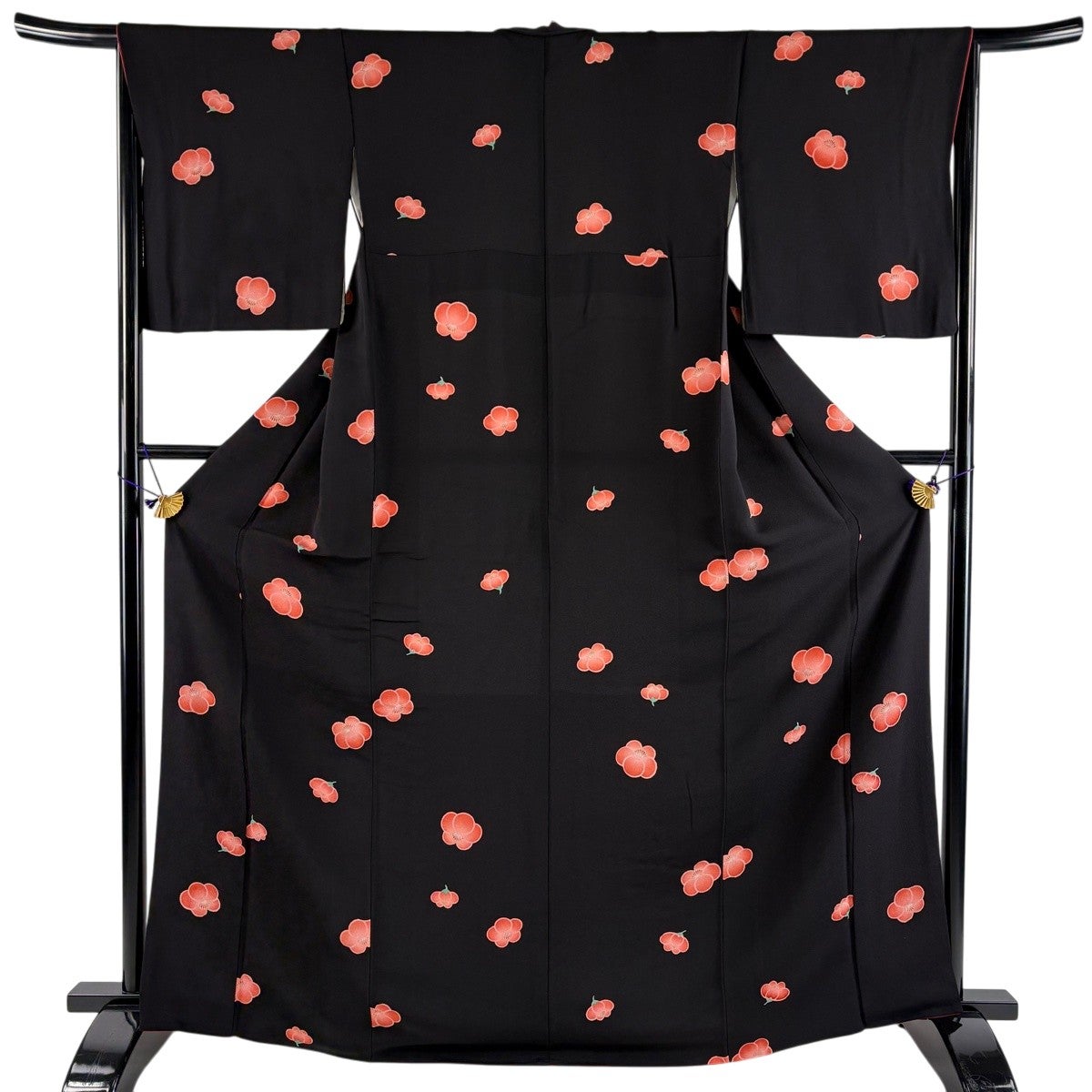 美品】 小紋 身丈166cm 裄丈65cm M 袷 梅 縮緬 黒 正絹 秀品｜中古