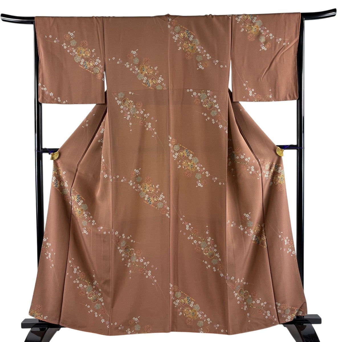 小紋 身丈161cm 裄丈66cm M 袷 鼓 桜 金彩 小豆色 正絹 秀品｜中古