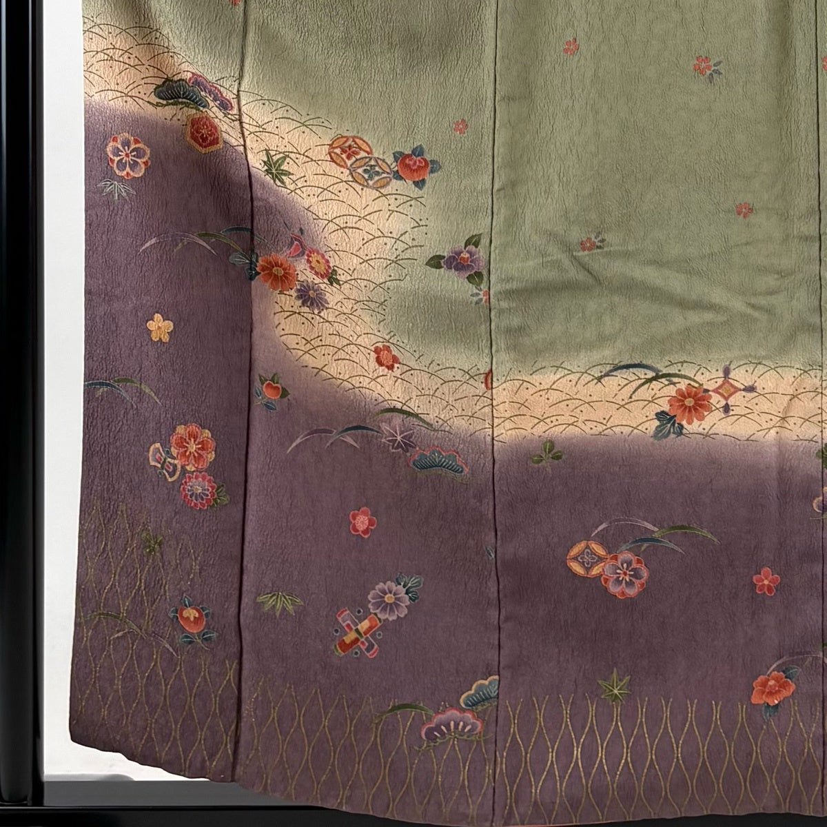 訪問着 身丈158cm 裄丈62.5cm S 袷 菊 宝尽くし 金彩 染め分け 灰緑