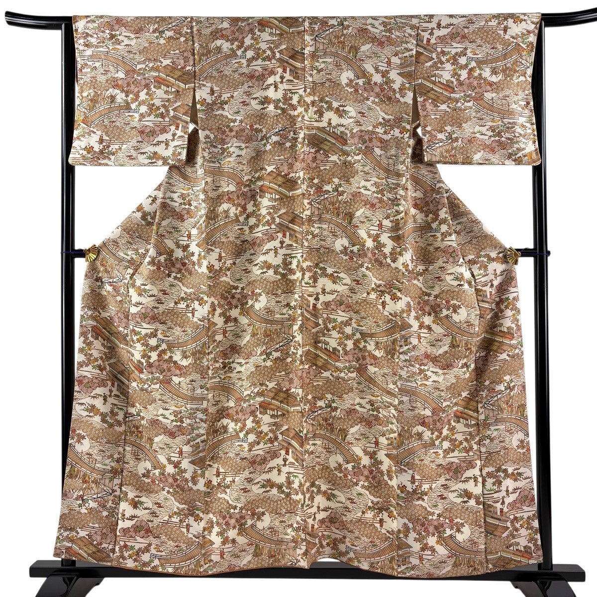 小紋 身丈156cm 裄丈64cm M 袷 風景 松竹梅 薄茶色 正絹 優品｜中古