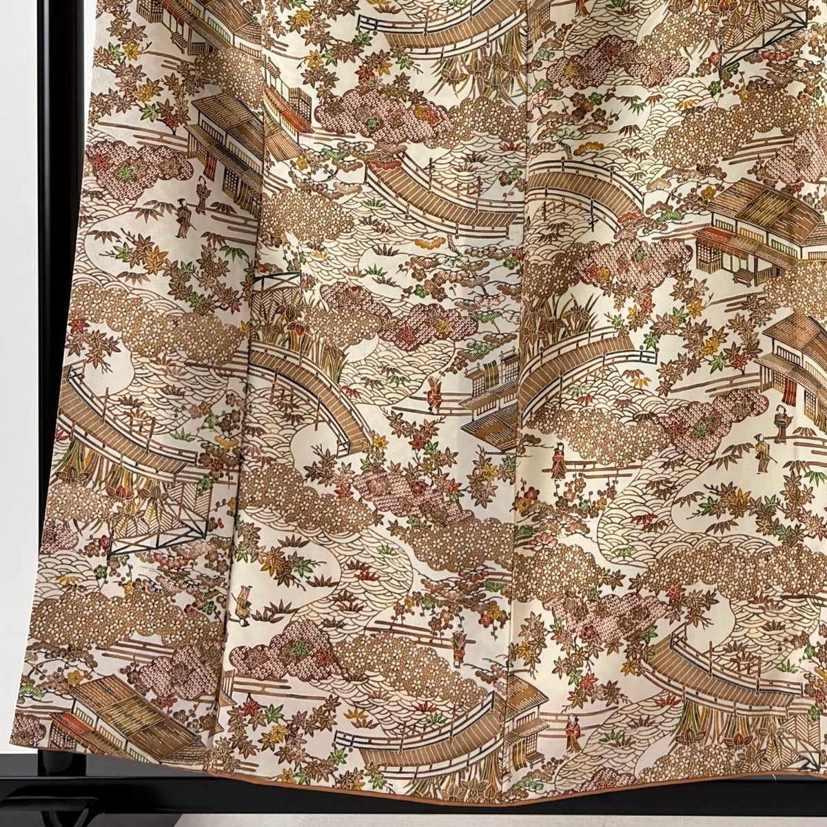 小紋 身丈156cm 裄丈64cm M 袷 風景 松竹梅 薄茶色 正絹 優品｜中古