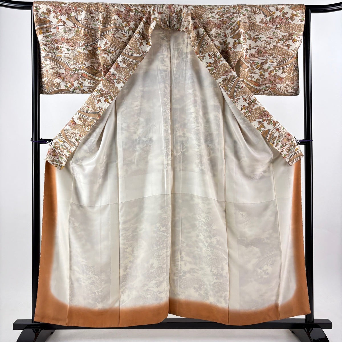小紋 身丈156cm 裄丈64cm M 袷 風景 松竹梅 薄茶色 正絹 優品｜中古