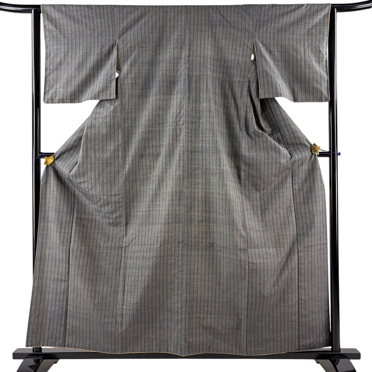 紬 身丈158.5cm 裄丈62cm S 袷 縦縞 灰緑 正絹 優品｜中古・古着