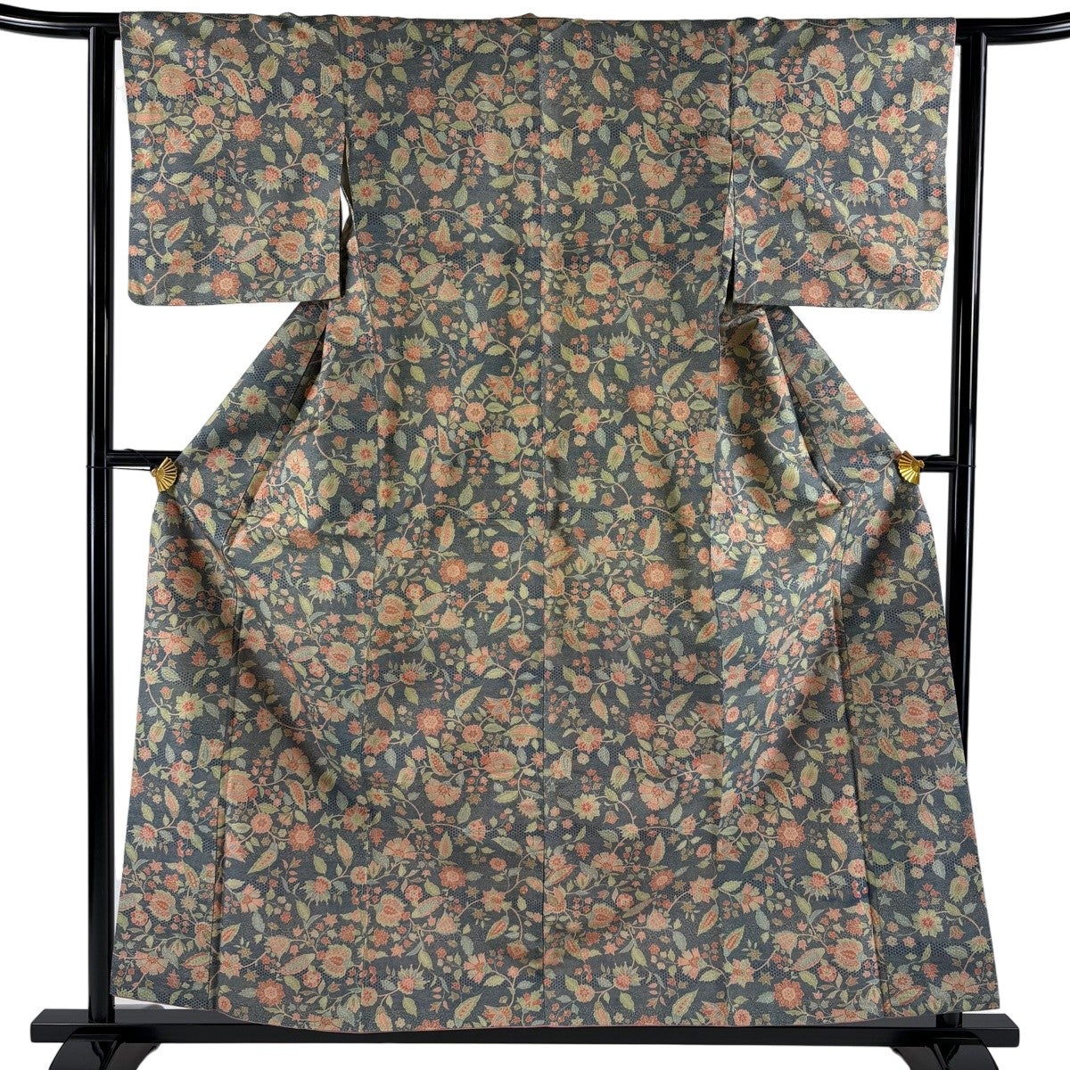 紬 身丈159cm 裄丈62.5cm S 袷 草花 亀甲文様 灰緑 正絹 優品｜中古