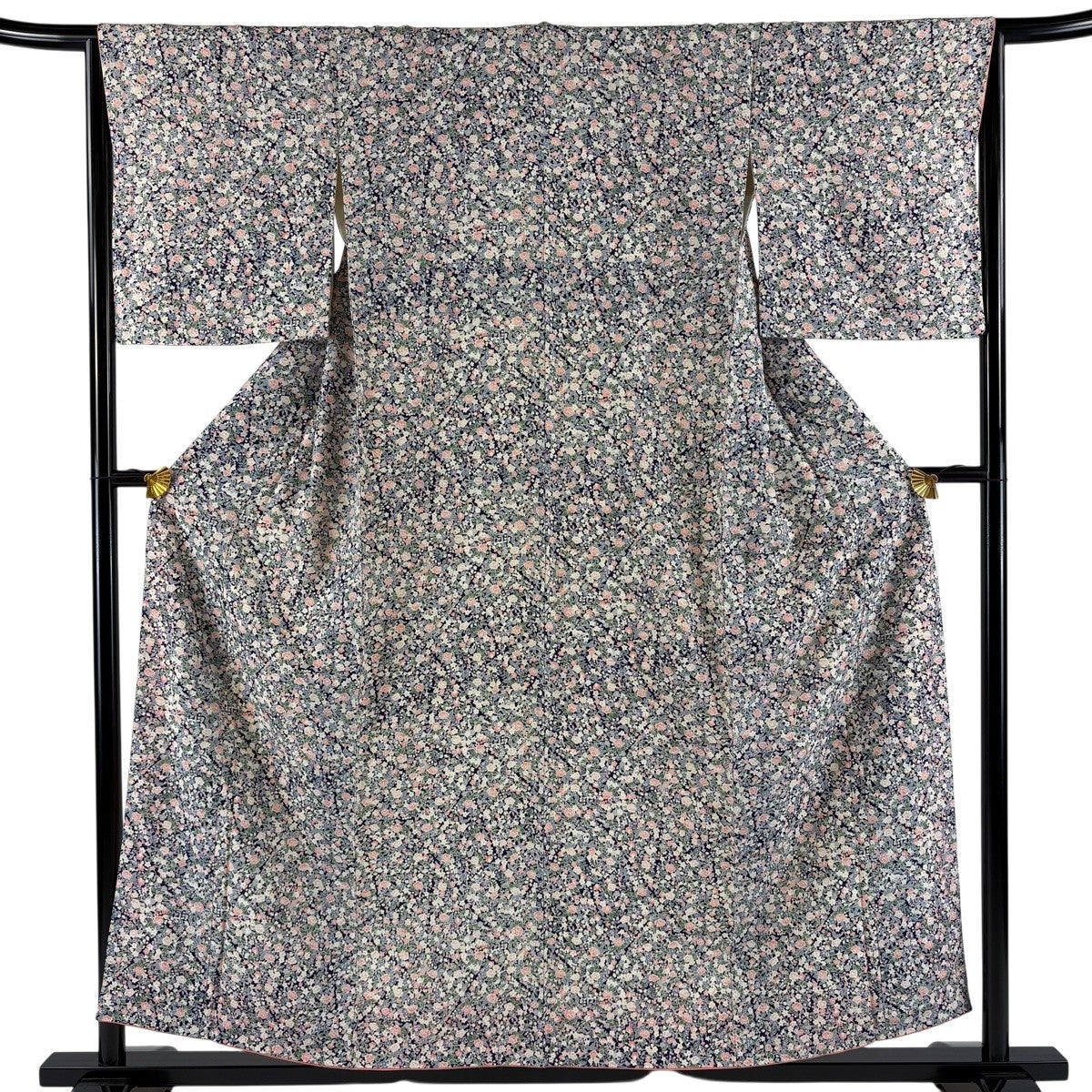 美品】 小紋 身丈156cm 裄丈65cm M 袷 草花 紺色 正絹 優品｜中古
