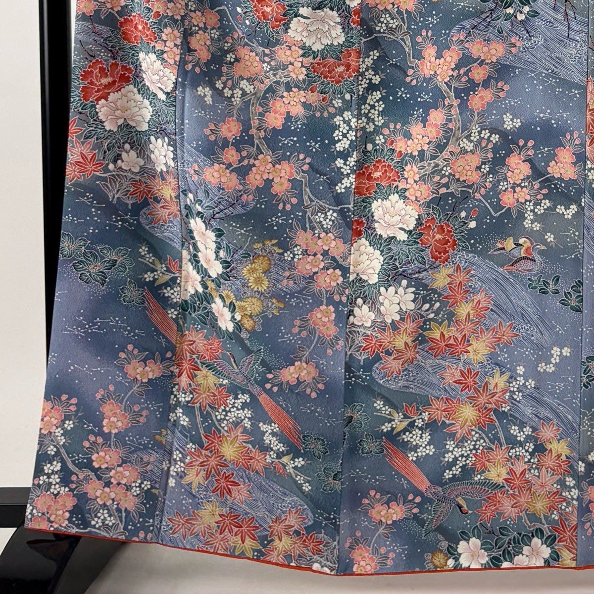 美品】 小紋 身丈163.5cm 裄丈68cm L 袷 やまと 桜楓 尾長鳥 ぼかし 青