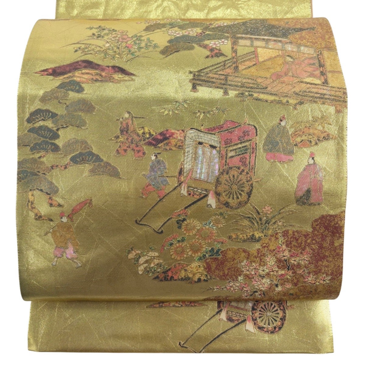 袋帯 逸品 落款あり 雪英導 御所車 草花 蘇州刺繍 箔 金色 お太鼓柄