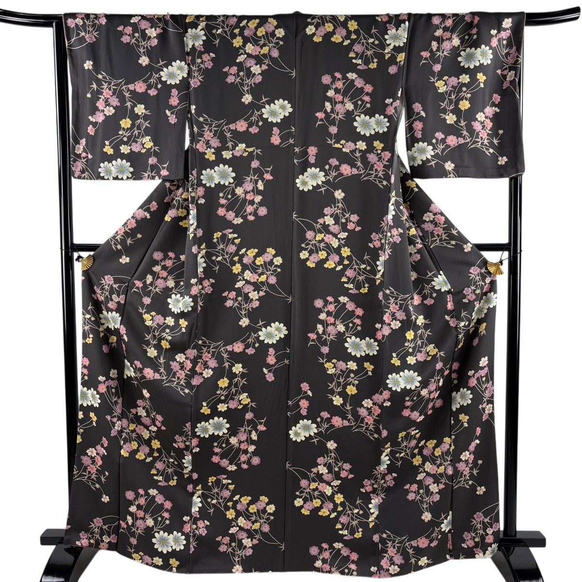 小紋 身丈165cm 裄丈67cm M 袷 草花 茶紫 正絹 秀品｜中古・古着