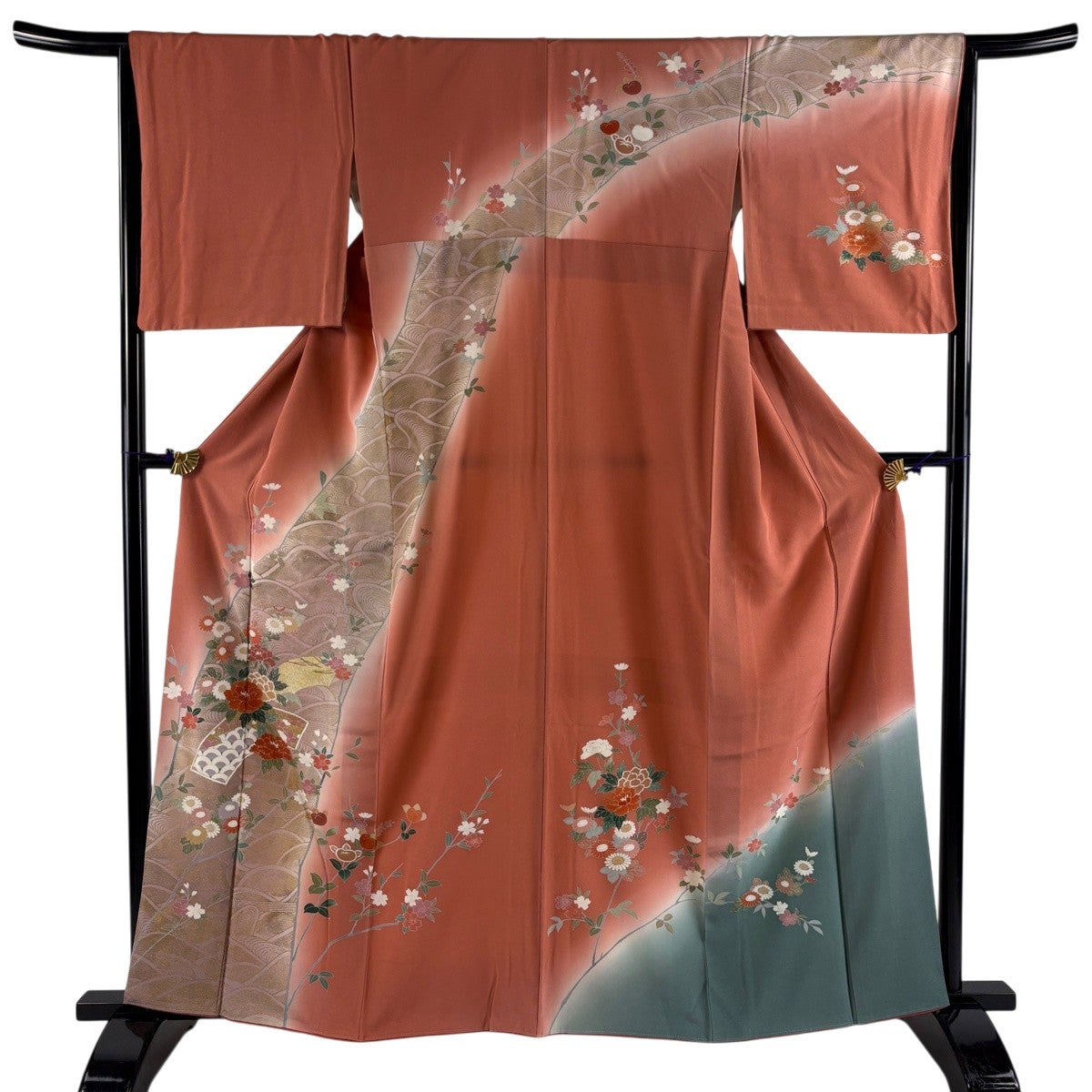 訪問着 身丈160.5cm 裄丈65cm M 袷 扇面 牡丹 金彩 サーモンピンク
