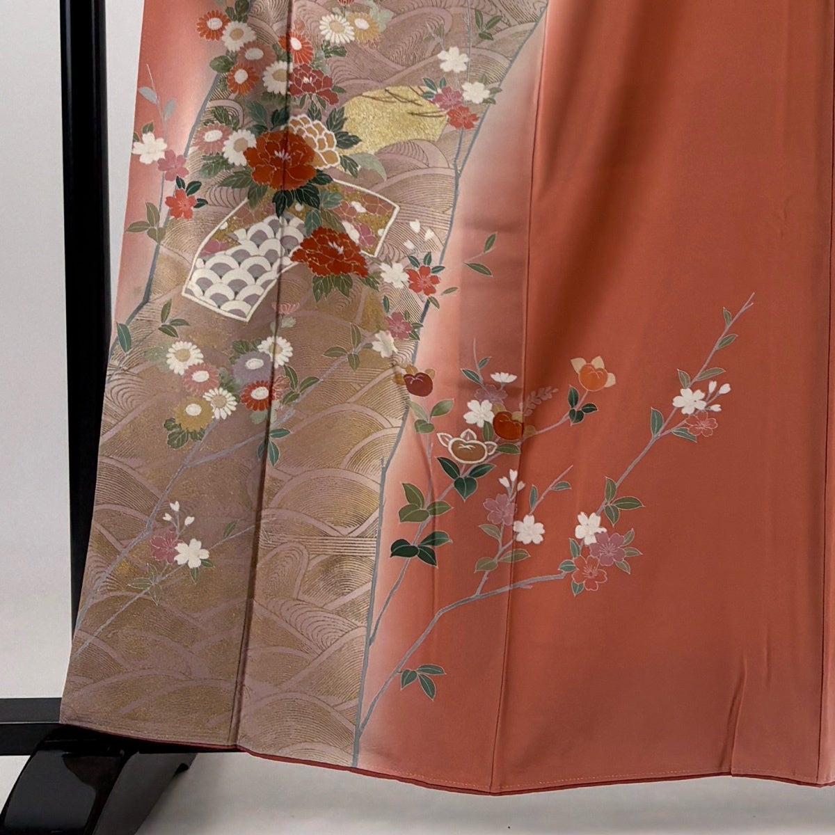 訪問着 身丈160.5cm 裄丈65cm M 袷 扇面 牡丹 金彩 サーモンピンク