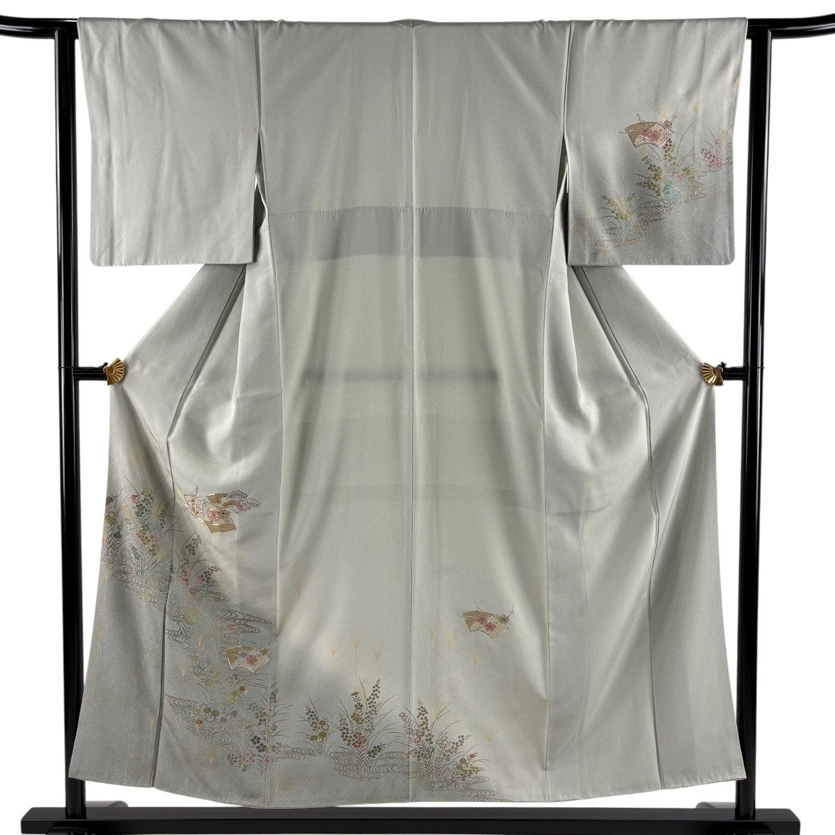 付下げ 身丈152.5cm 裄丈63cm S 袷 扇面 草花 刺繍 金銀糸 灰緑 正絹