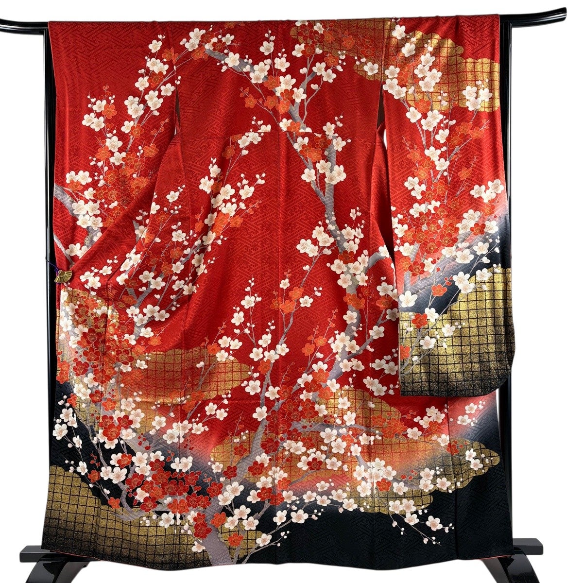 【最終値下げ】正絹 振袖 着物セット身丈162cm 裄67.4cm 振袖 身丈162cm 裄丈66cm M 袷 枝梅 雲文 金糸 金彩 赤 正絹 秀品