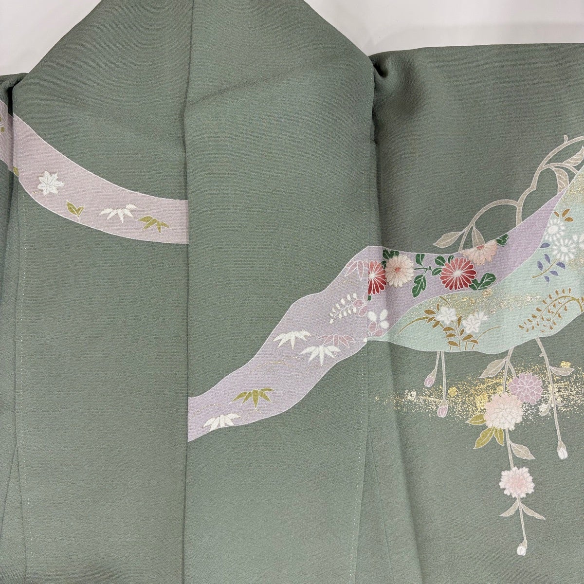 訪問着 身丈164.5cm 裄丈65.5cm M 袷 鼓 道長取り 金糸 金銀彩 灰緑