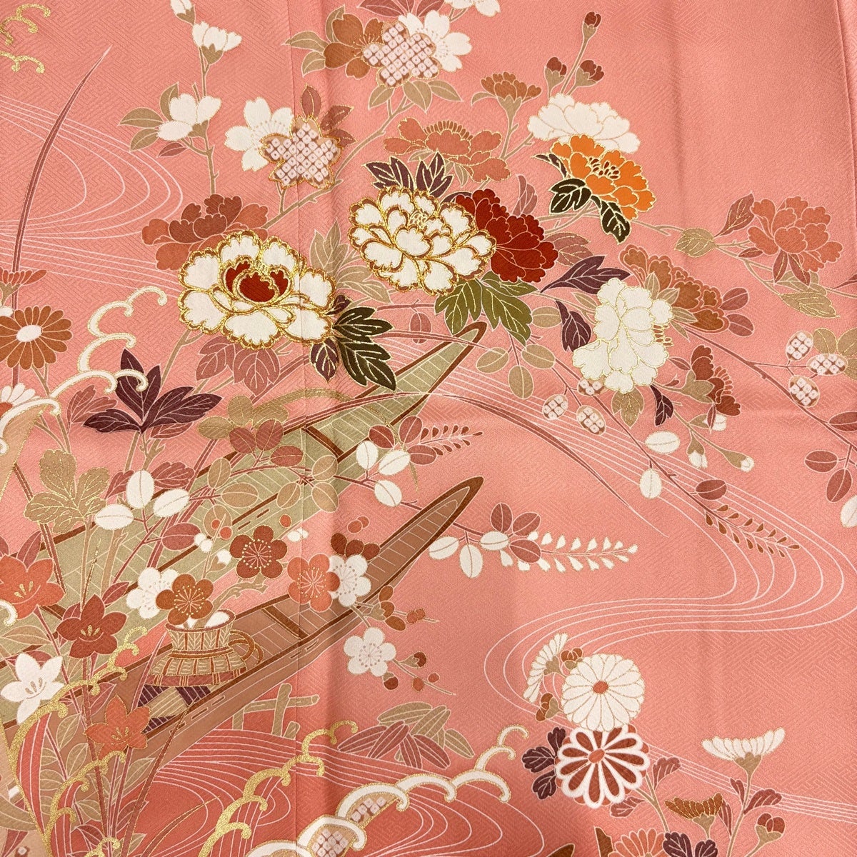 美品】 訪問着 身丈165cm 裄丈68cm L 袷 舟 草花 金糸 金彩 ピンク
