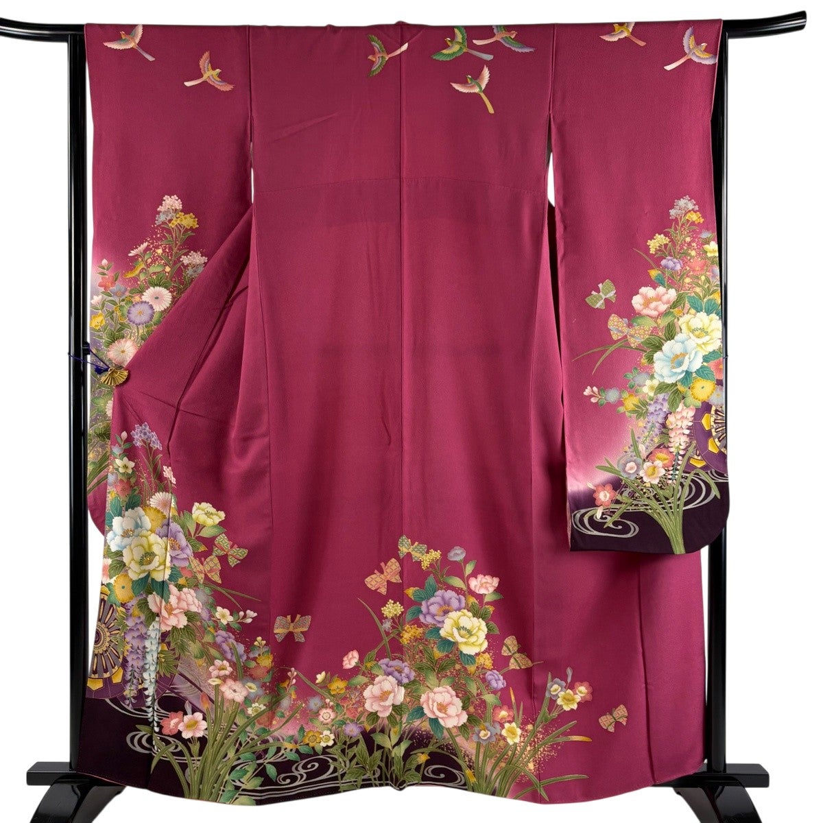 【美品】振袖　緑　正絹　金彩　牡丹　身丈161cm裄65.5cm 振袖 身丈160cm 裄丈64cm M 袷 花車 牡丹 金彩 箔 濃ピンク 正絹 秀品