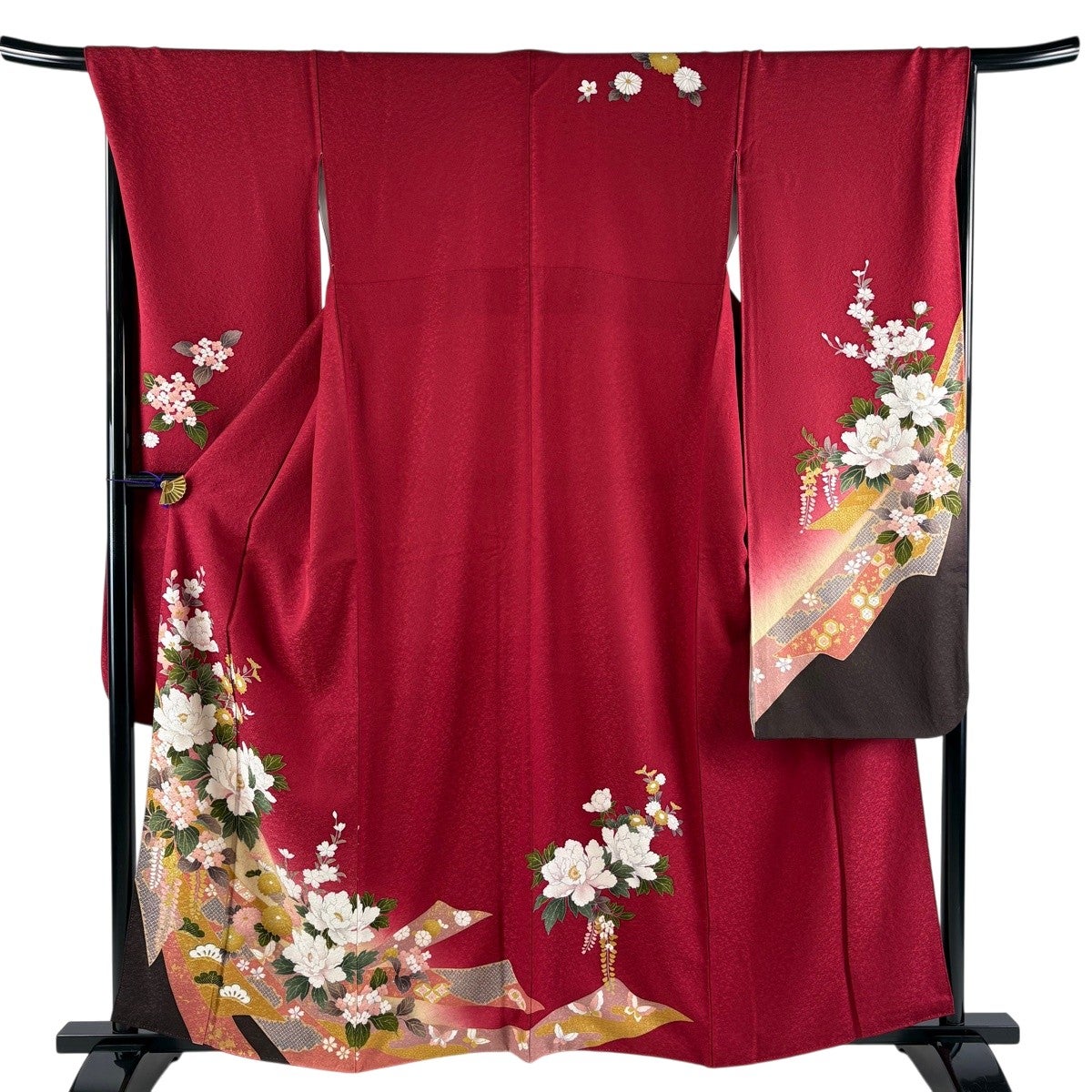 赤✕黒 吉祥 熨斗 牡丹 振袖 身丈160 振袖 身丈160cm 裄丈68cm L 袷 牡丹 熨斗 金彩 ぼかし 赤 正絹 秀品