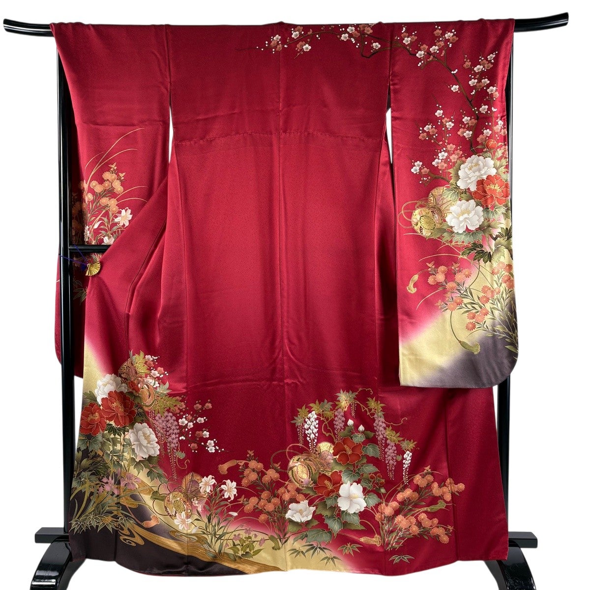 振袖 身丈154cm 裄丈63.5cm S 袷 鼓 貝合わせ 金銀彩 染め分け 茜色