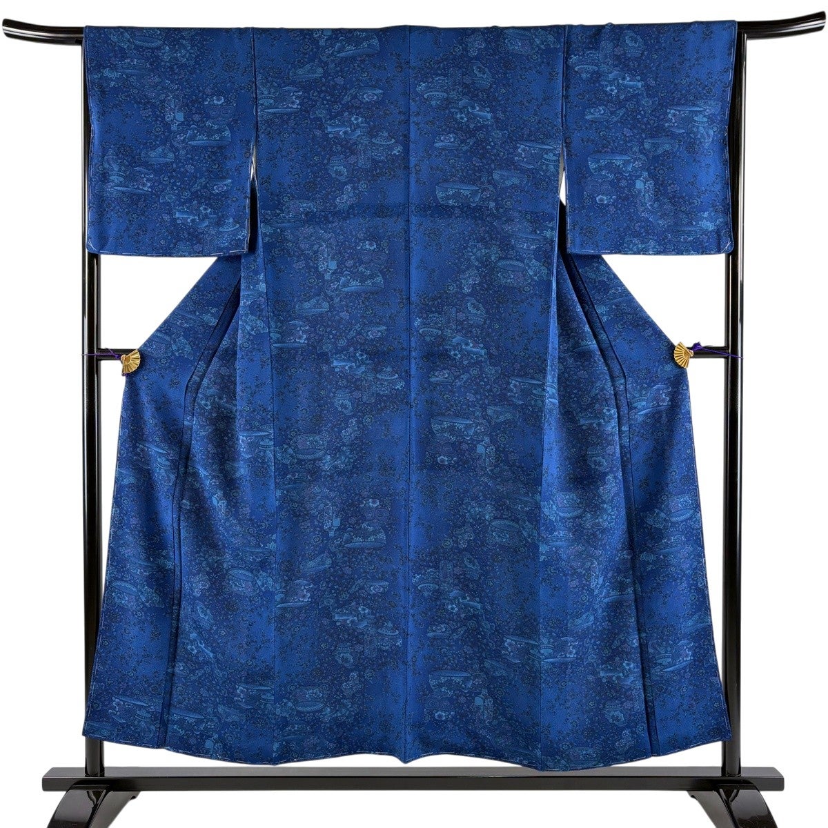 美品】 小紋 身丈160cm 裄丈65.5cm M 単衣 唐草 草花 縮緬 藍色 正絹