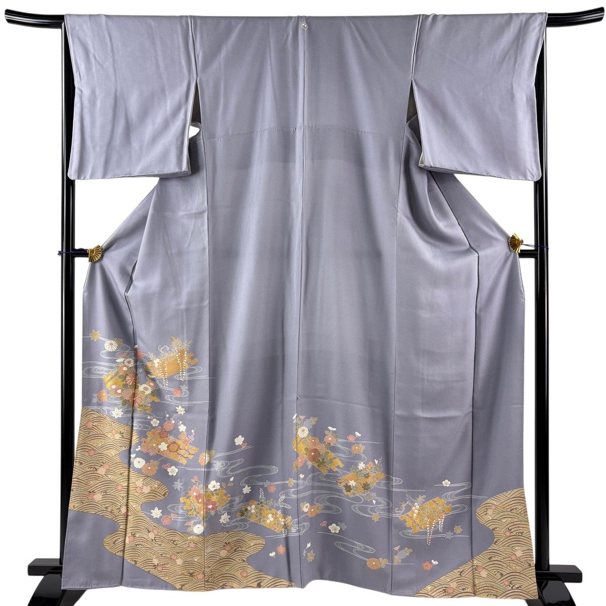 色留袖 身丈167cm 裄丈68cm L 袷 団扇 笠松 金糸 金彩 灰緑 正絹 秀品