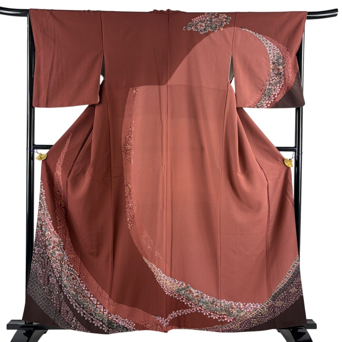 訪問着 身丈158.5cm 裄丈66.5cm M 袷 草花 七宝 金彩 絞り 赤茶 正絹