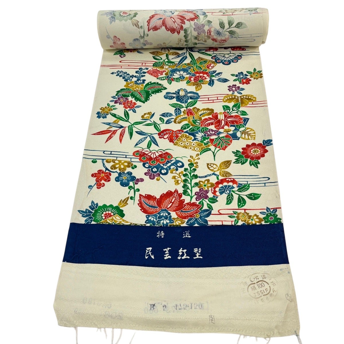 反物 秀品 小紋 民芸紅型 椿 扇面 クリーム 正絹｜中古・古着