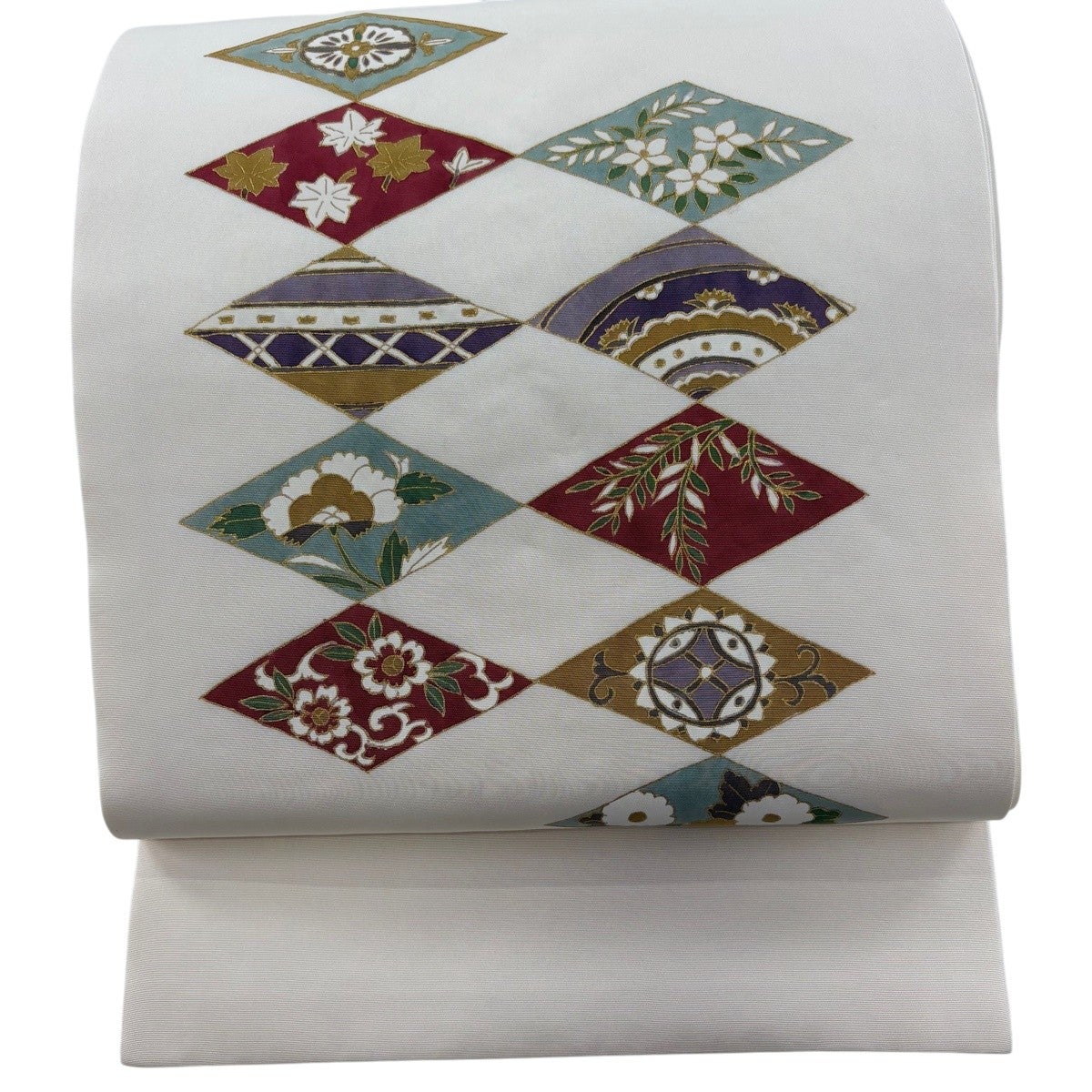 美品】 開き名古屋帯 秀品 草花 菱 金彩 クリーム 正絹｜中古・古着