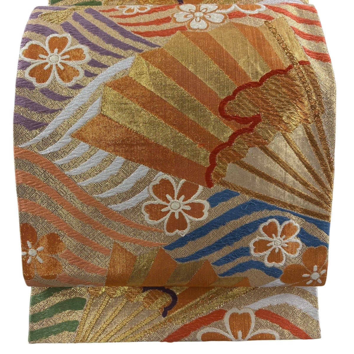 美品】 袋帯 秀品 扇面 草花 唐織 箔 金色 六通 正絹｜中古・古着