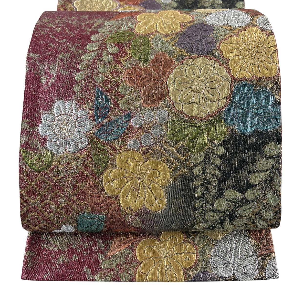美品】 袋帯 秀品 辻が花柄 金銀糸 箔 えんじ色 六通 正絹｜中古・古着
