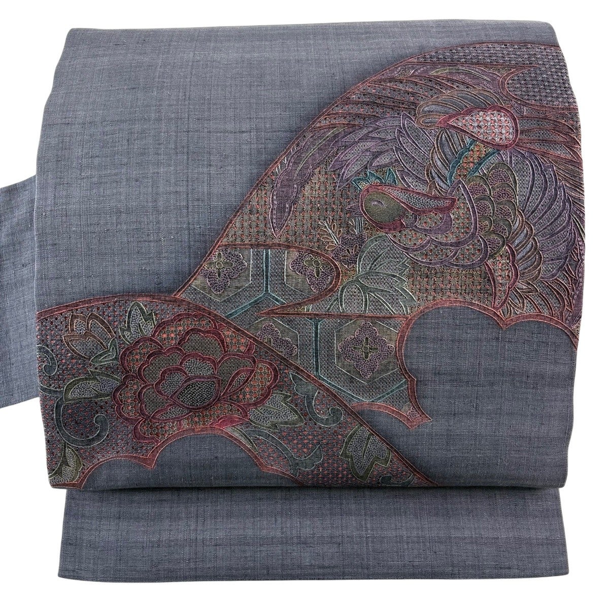 名古屋帯 秀品 紬地 鳥 草花 刺繍 灰紫 正絹｜中古・古着・リサイクル
