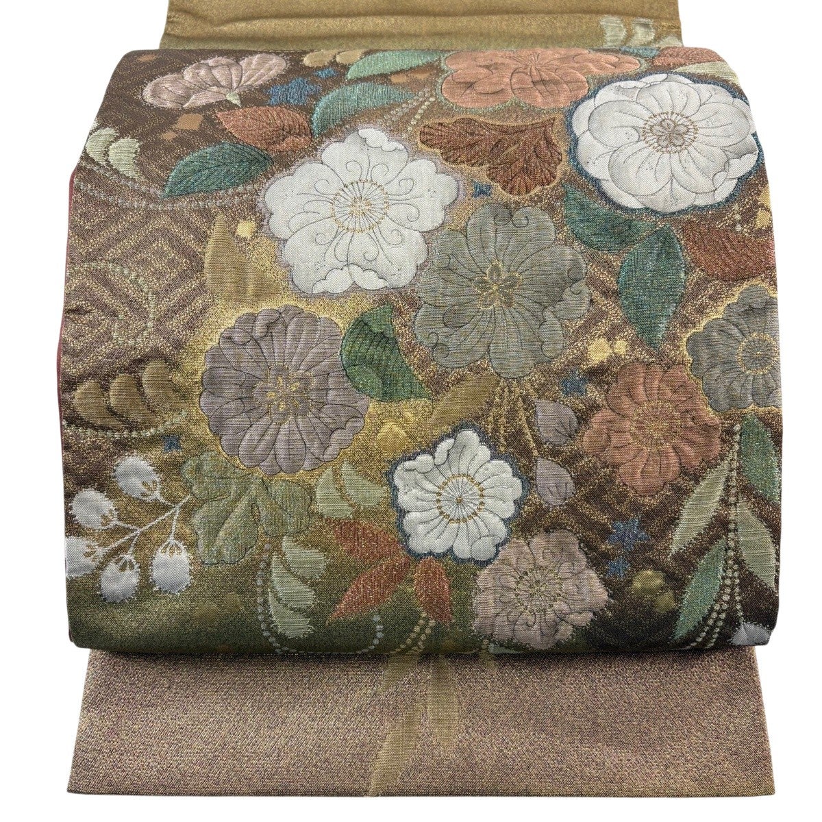 美品】 袋帯 秀品 辻が花柄 金糸 箔 金茶 お太鼓柄 正絹｜中古・古着