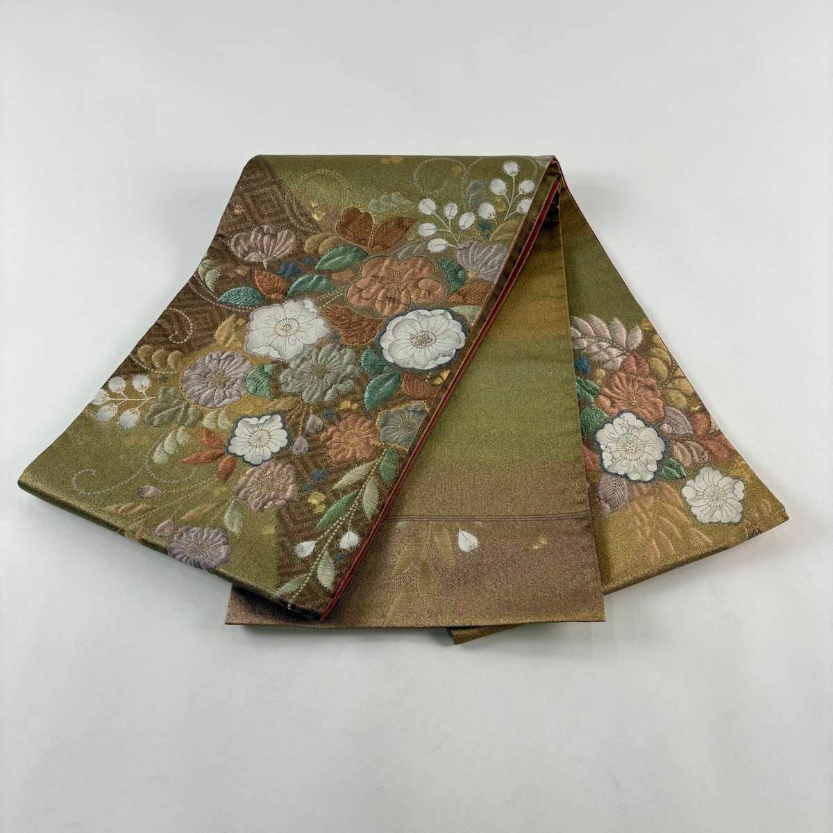 美品】 袋帯 秀品 辻が花柄 金糸 箔 金茶 お太鼓柄 正絹｜中古・古着