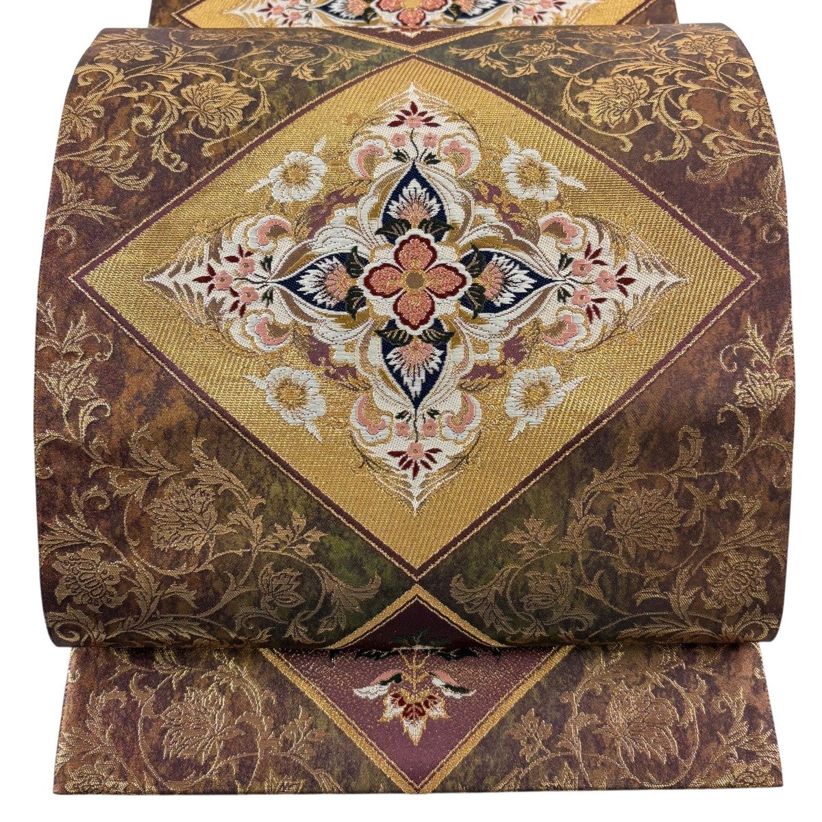 美品】 袋帯 秀品 花菱 草花 金糸 箔 茶色 六通 正絹｜中古・古着