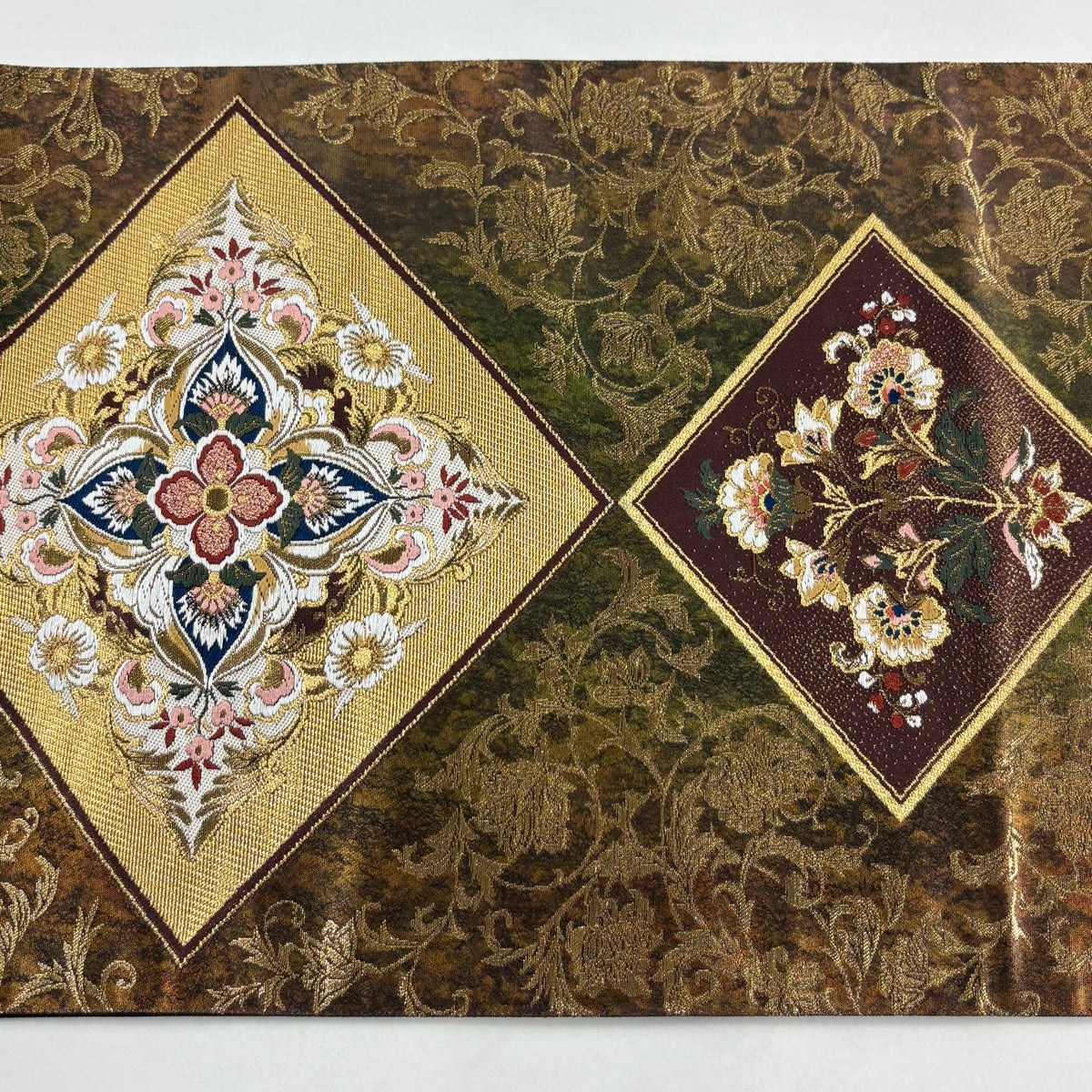美品】 袋帯 秀品 花菱 草花 金糸 箔 茶色 六通 正絹｜中古・古着