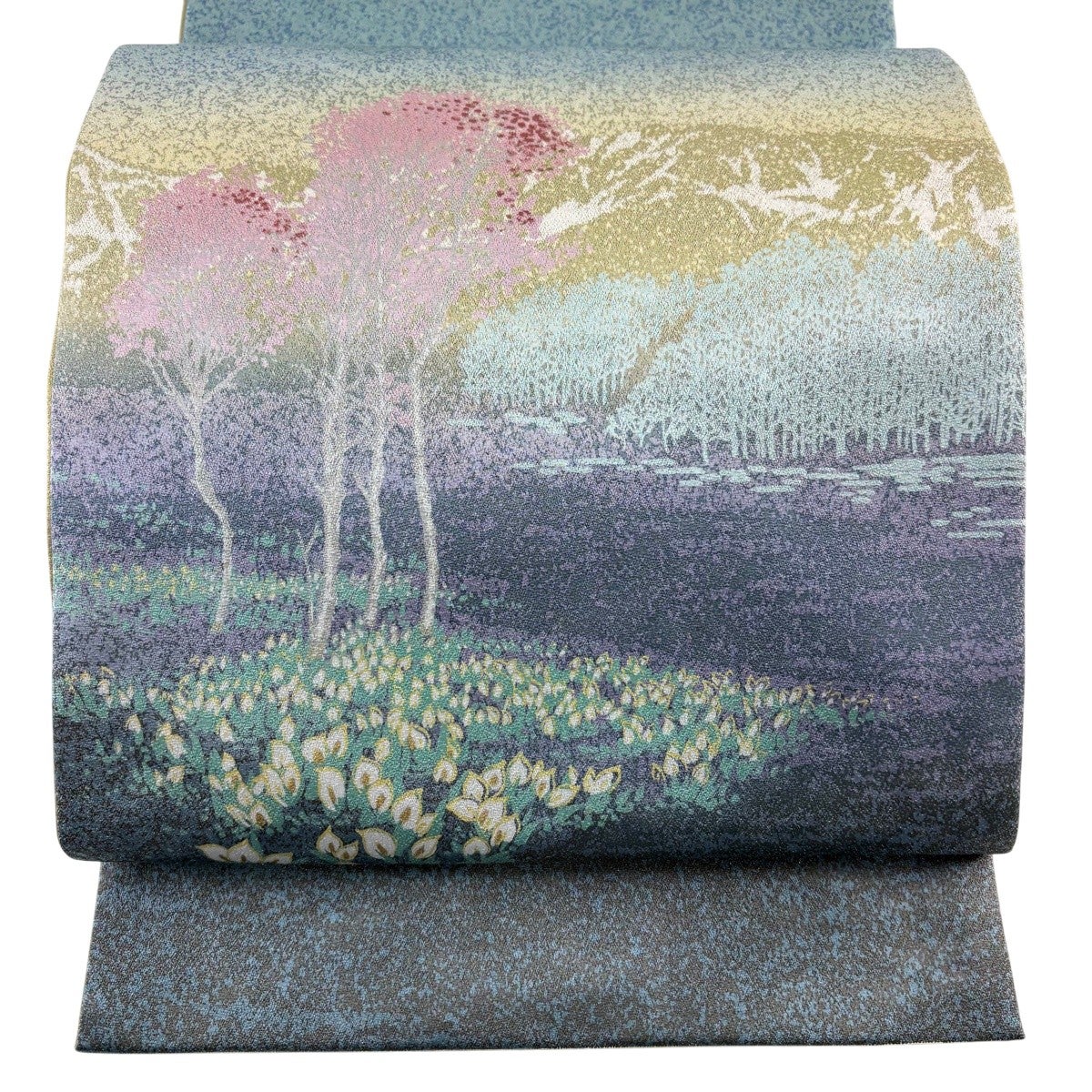 美品】 袋帯 秀品 風景 樹木 銀糸 灰緑 お太鼓柄 正絹｜中古・古着