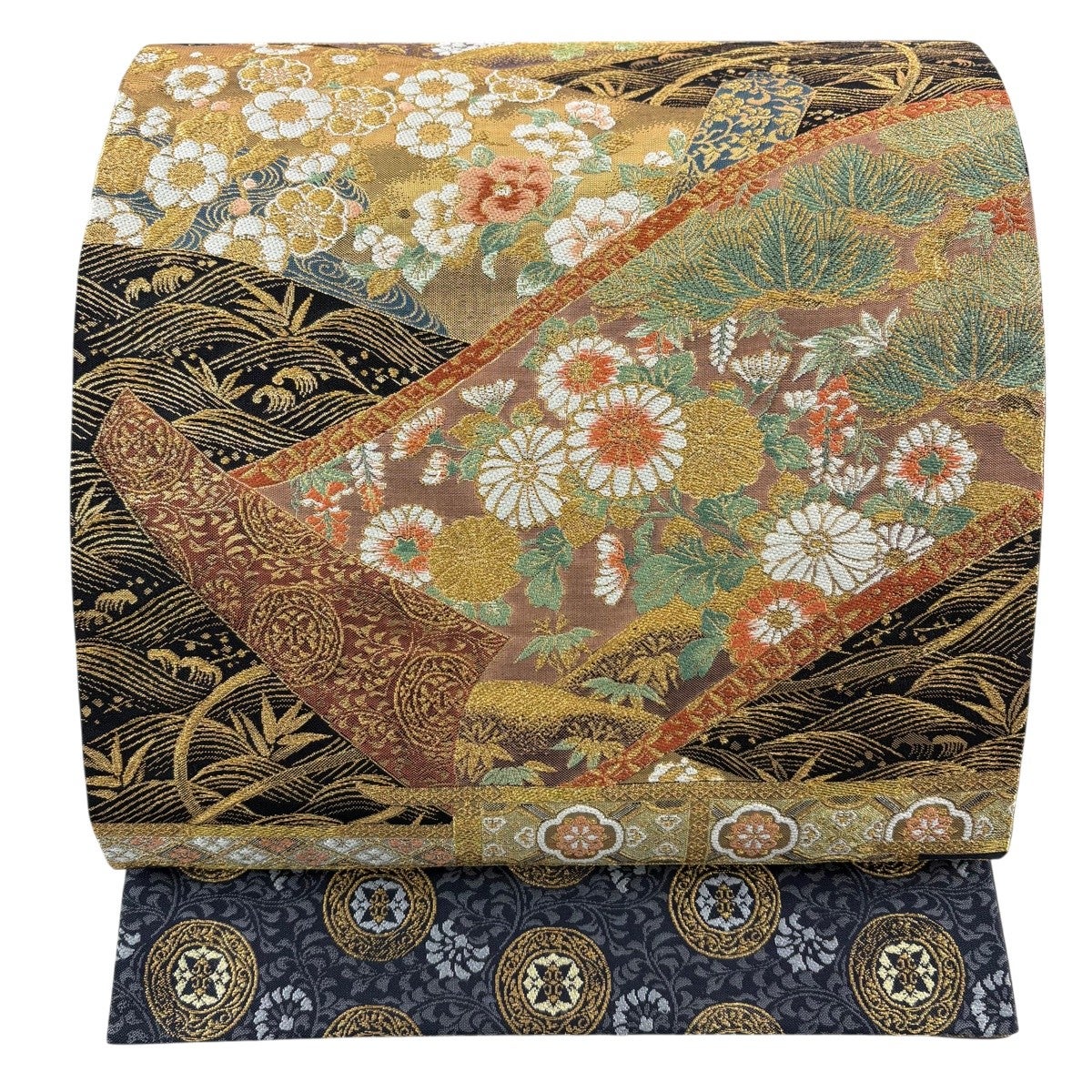 美品】 袋帯 秀品 菊 松 金糸 箔 紺色 お太鼓柄 正絹｜中古・古着