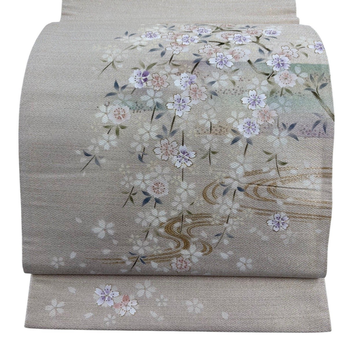 袋帯 秀品 枝垂れ桜 流水 金彩 箔 ベージュ お太鼓柄 正絹｜中古・古着