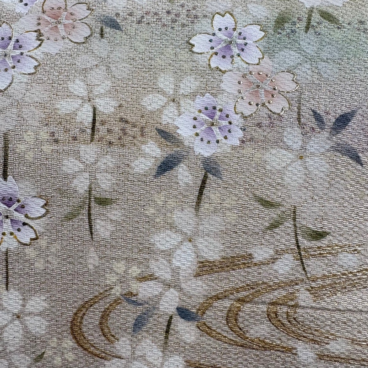 袋帯 秀品 枝垂れ桜 流水 金彩 箔 ベージュ お太鼓柄 正絹｜中古・古着