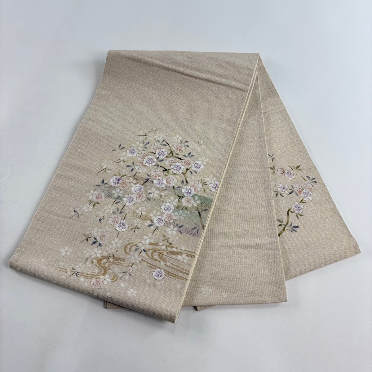 袋帯 秀品 枝垂れ桜 流水 金彩 箔 ベージュ お太鼓柄 正絹｜中古・古着