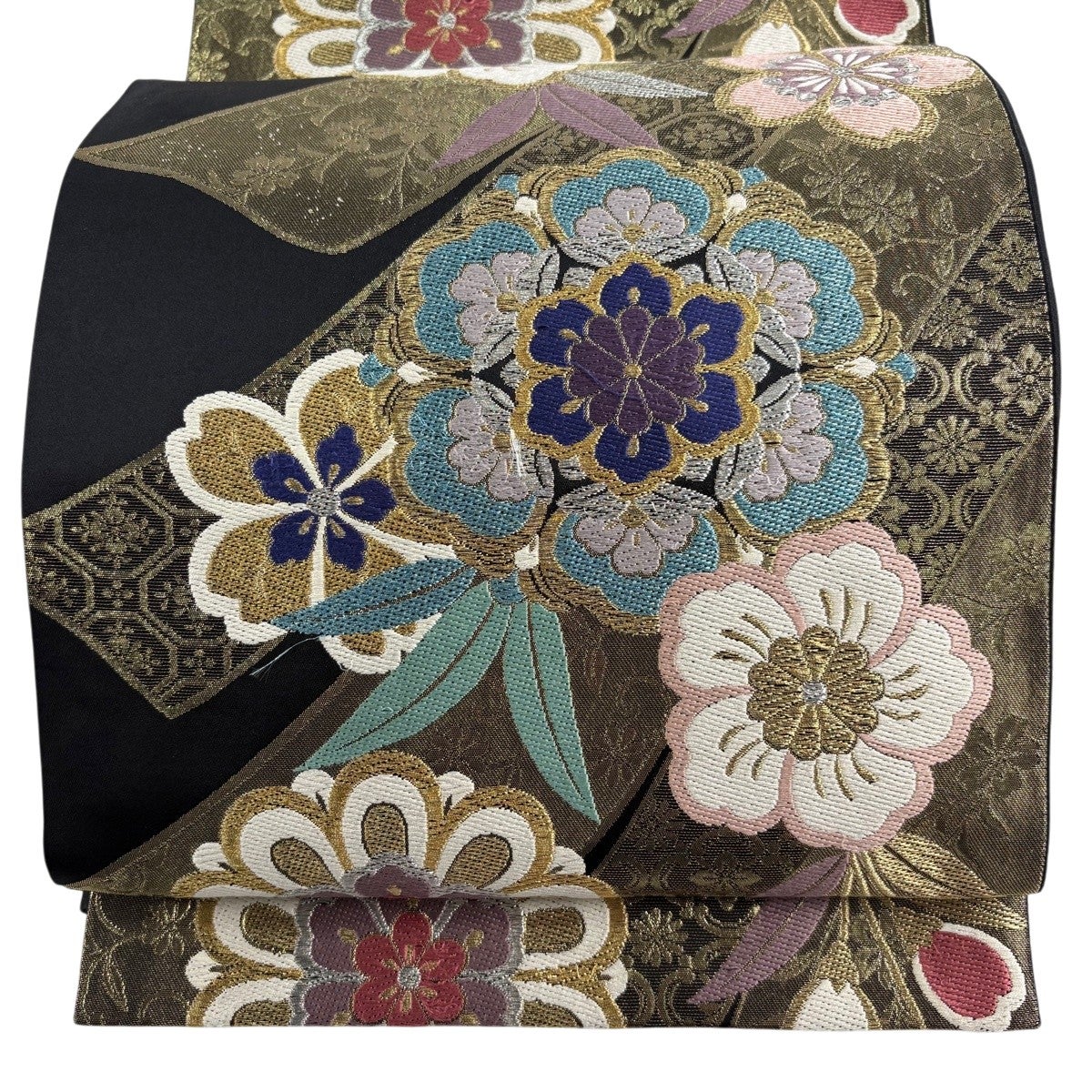 袋帯 秀品 落款あり 華文 草花 金銀糸 刺繍 黒 六通 正絹｜中古・古着