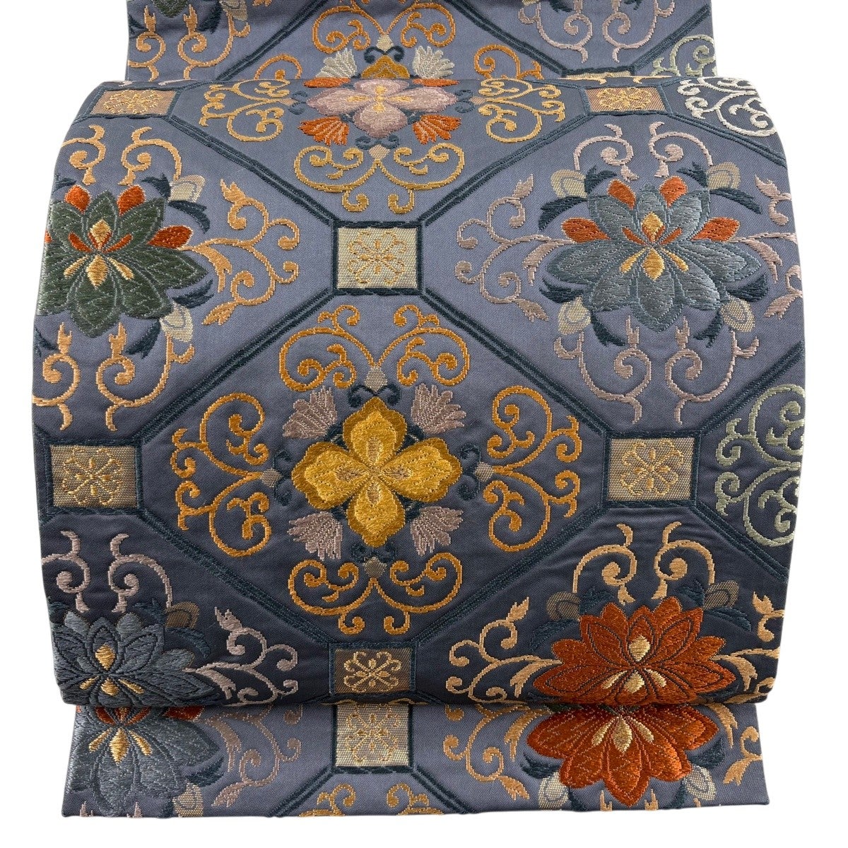 美品】 袋帯 秀品 華文 花唐草 金糸 唐織 青灰色 六通 正絹｜中古