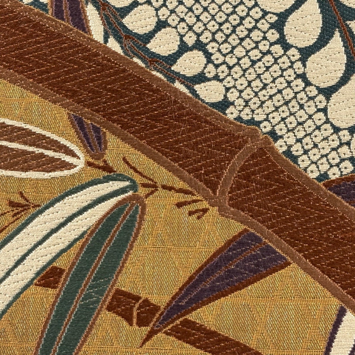 美品】 袋帯 秀品 竹 雪輪 金糸 刺繍 茶色 六通 正絹｜中古・古着