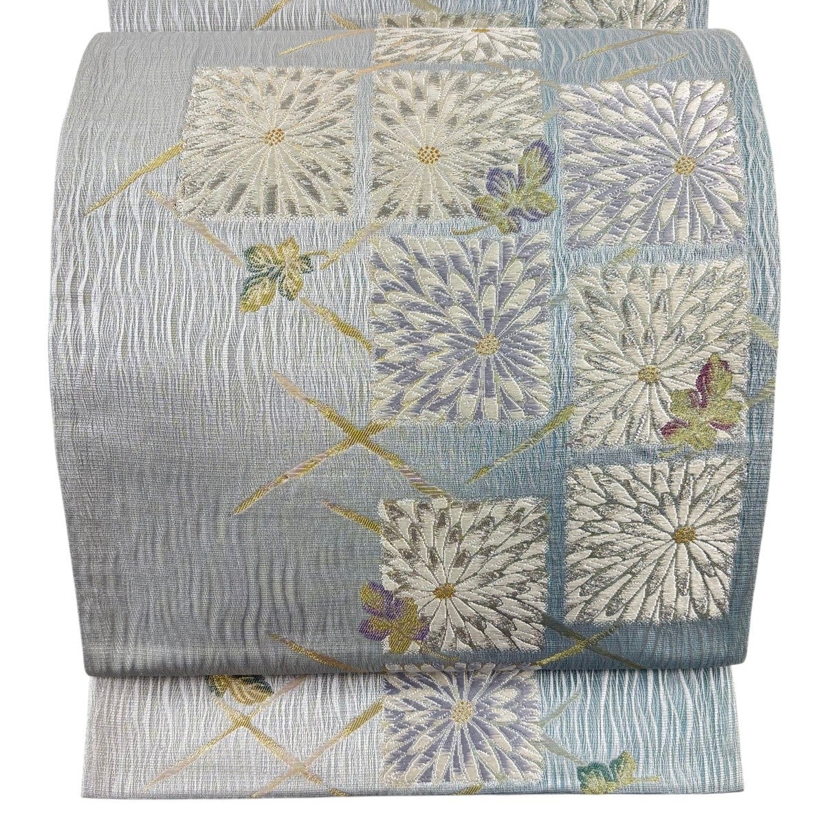 美品】 袋帯 秀品 茅織 幻想 菊 金銀糸 箔 灰色 六通 正絹｜中古・古着