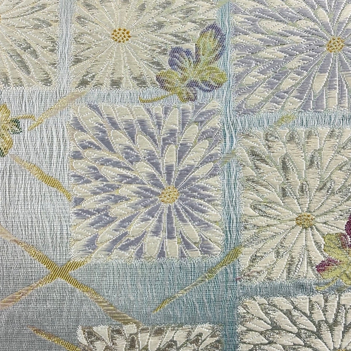 美品】 袋帯 秀品 茅織 幻想 菊 金銀糸 箔 灰色 六通 正絹｜中古・古着
