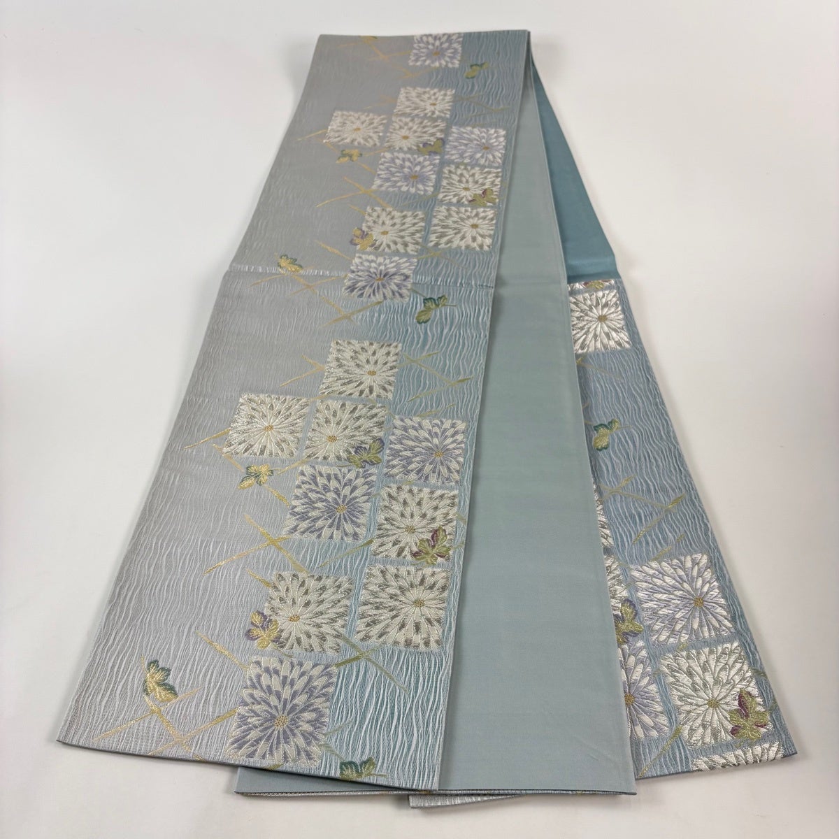 美品】 袋帯 秀品 茅織 幻想 菊 金銀糸 箔 灰色 六通 正絹｜中古・古着
