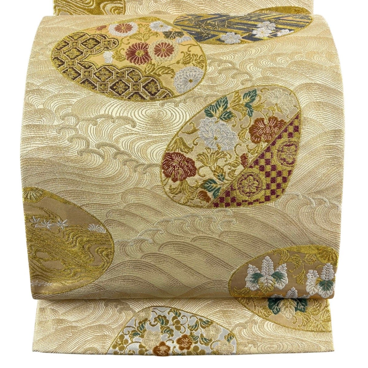 美品】 袋帯 秀品 貝合わせ 松葉 金糸 箔 黒 六通 正絹｜中古・古着