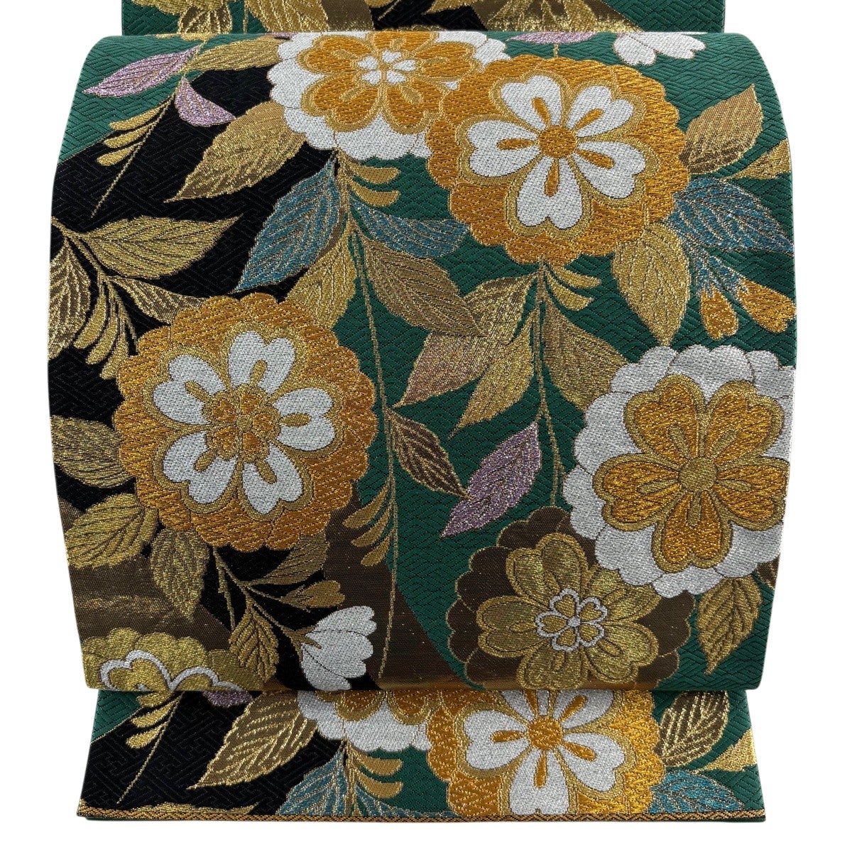 美品】 袋帯 秀品 優美華彩文 振袖向き 枝垂れ桜 金糸 箔 緑 六通 正絹